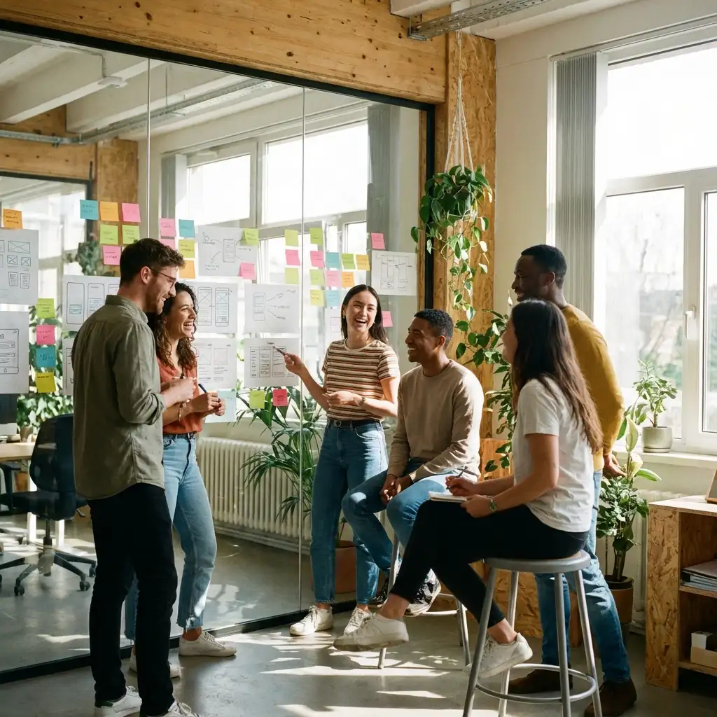 Diverse creative team collaborating together in a modern studio